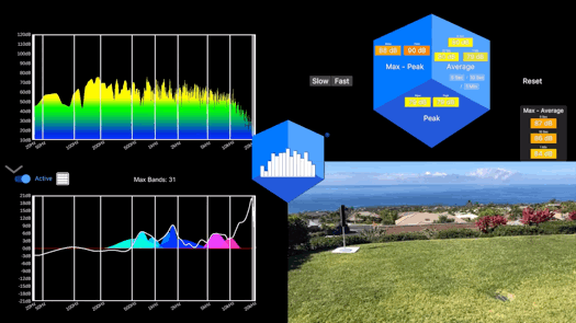 AcoustiTools® — Animated GIF of main tile screen showing RTA, dB Meter, and PEQ responding to real-time audio input